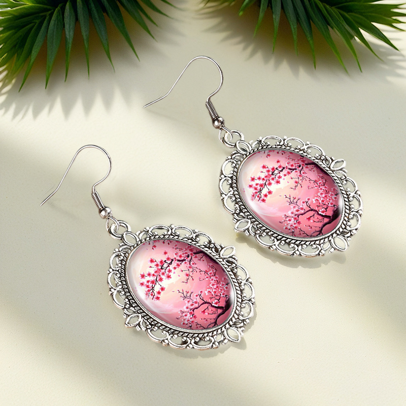 Moon Cherry Blossom Tree Oval Dangle Earrings, Handcrafted